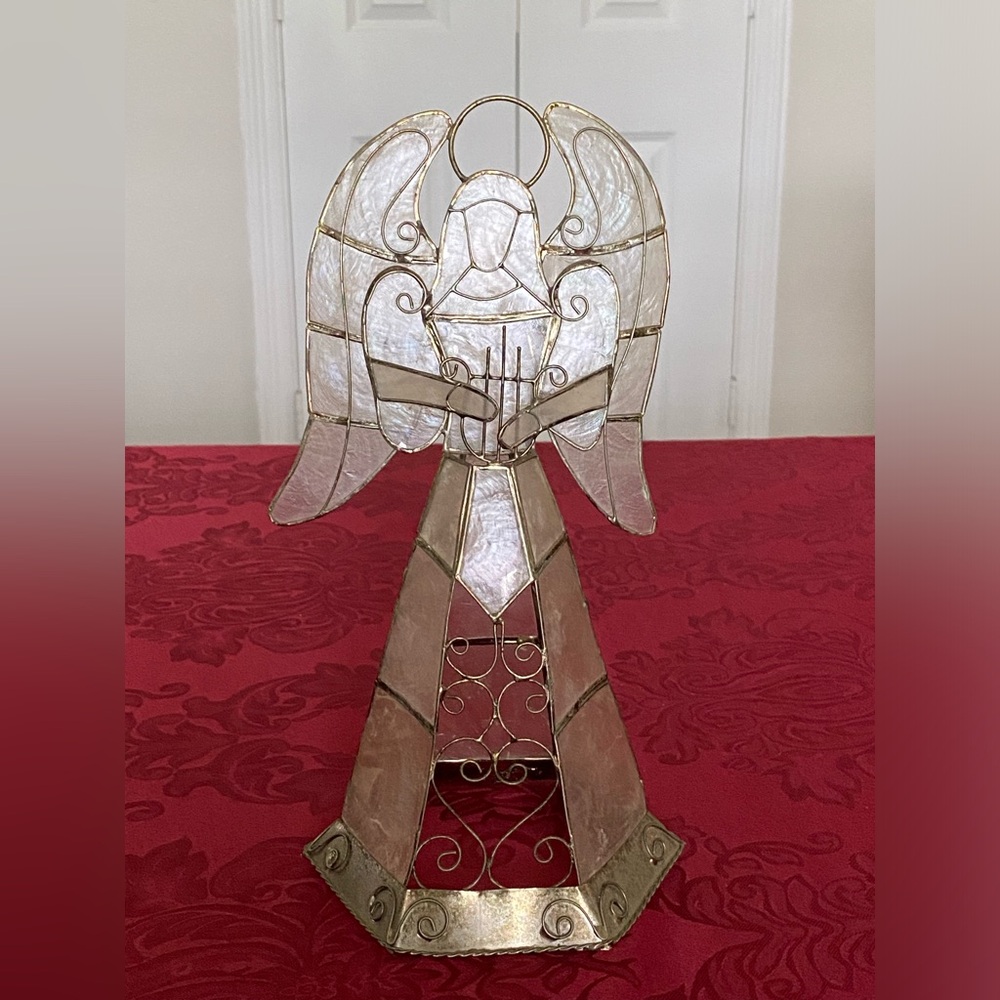 Vintage Capiz Shell Gold Christmas Angel Tree Stand Home Decor Large 11.5”